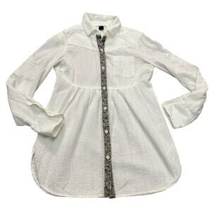 Free People Babydoll Button Down Tunic Top Size 4 Seersucker Roll Tab Sleeve